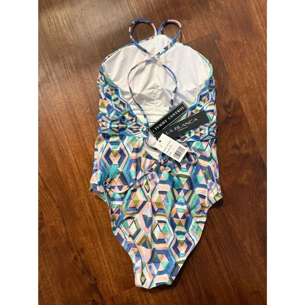 NWT La Blanca Riviera Hi Neck Halter Geometric One Piece Swim Suit Sz 4